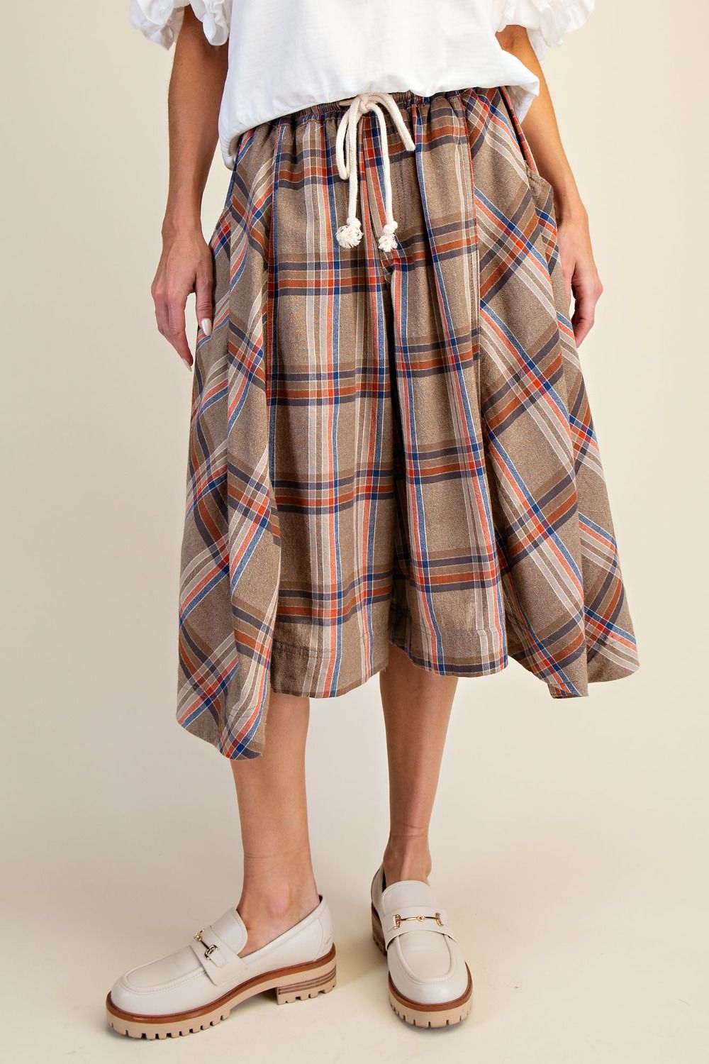 Plaid Linen Wide Leg Culotte Pants in Mushroom (REG)