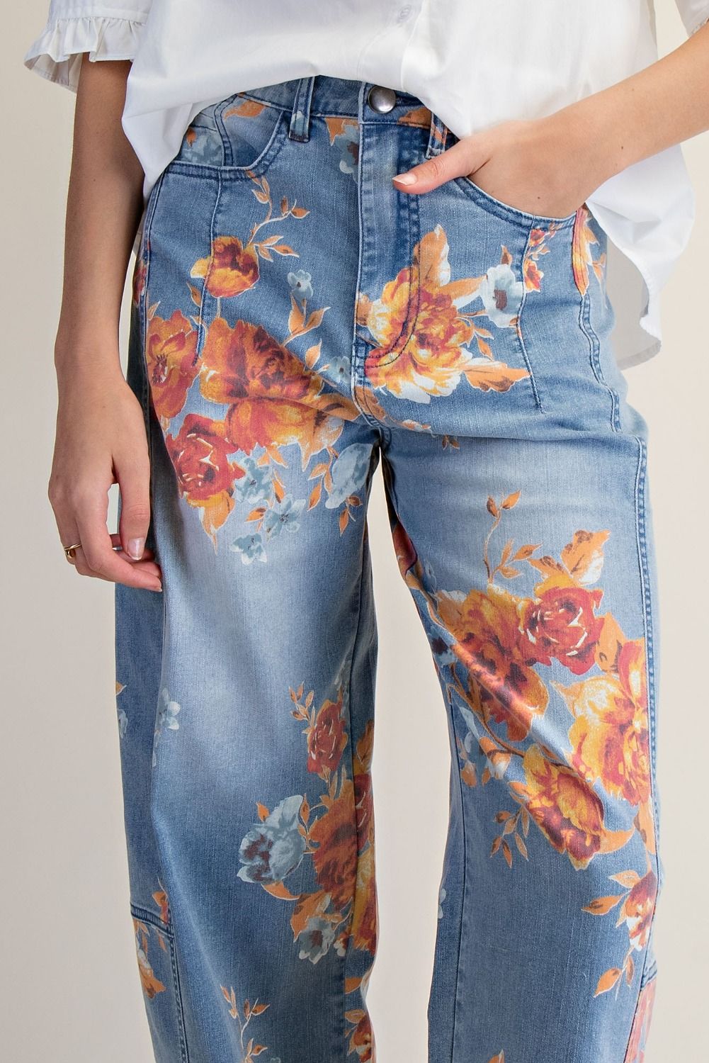 Orange Floral Lt. Denim Barrel Jeans (REG)