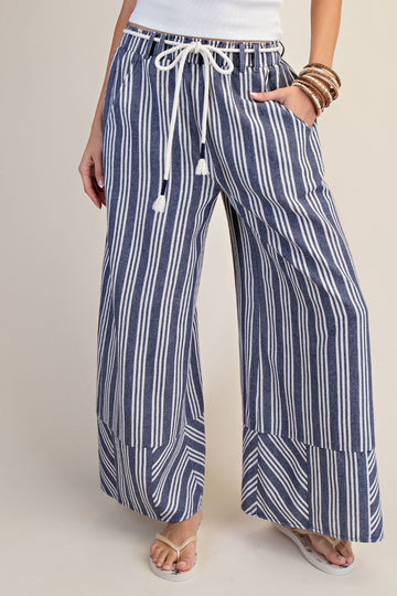 Striped Linen Palazzo Pants in Blue (REG)