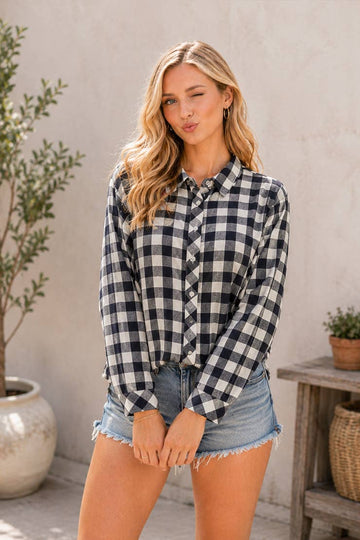 Buffalo Plaid Button Top in Navy (REG)