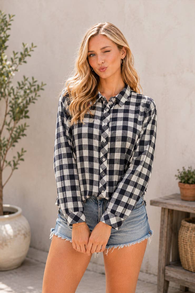 Buffalo Plaid Button Top in Navy (REG)