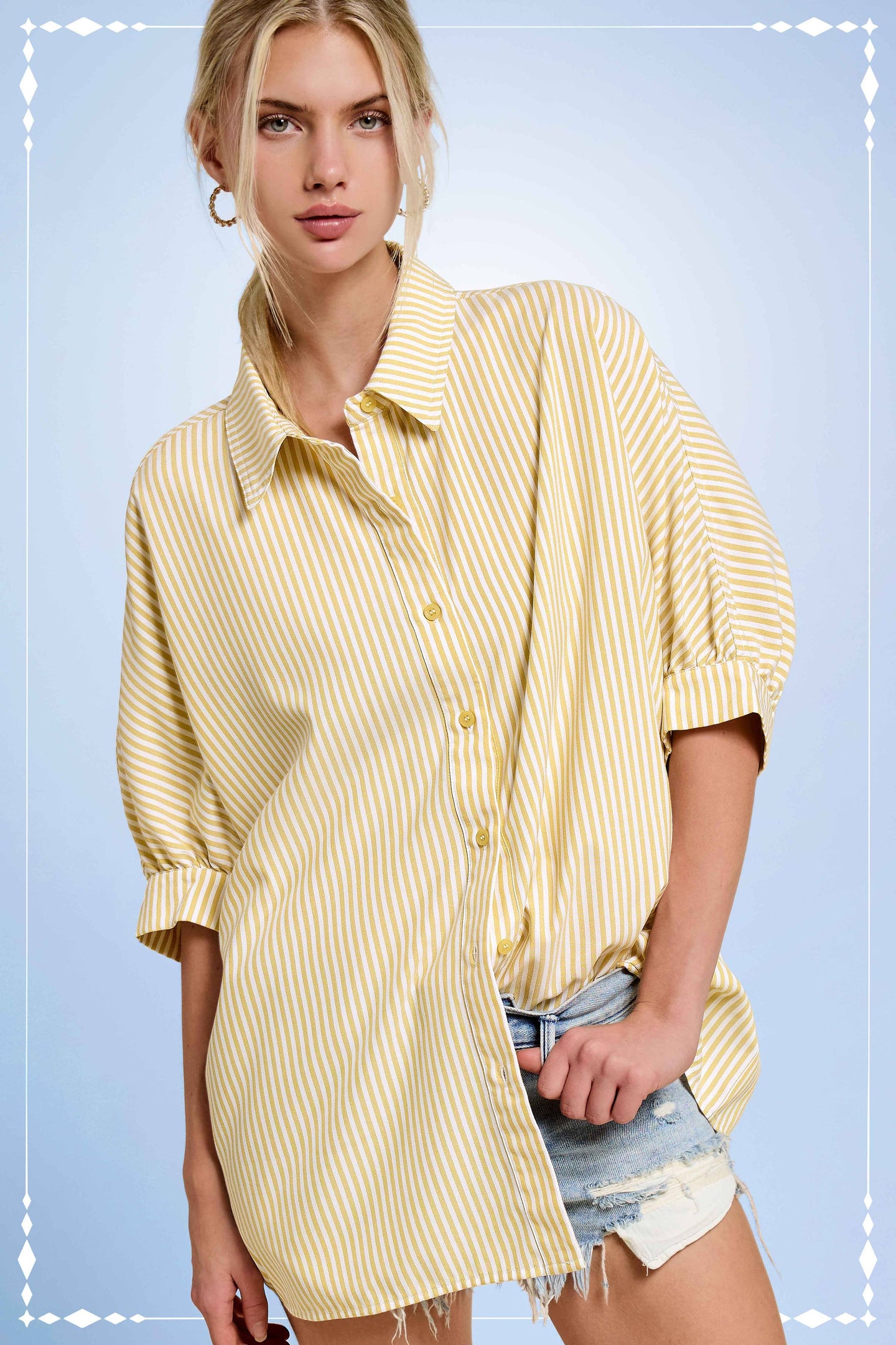 3/4 Sleeve Button Down Striped Shirt in Lemon (REG)
