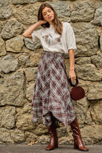 Asymmetrical Frayed Plaid Skirt in Wine/Teal (REG)