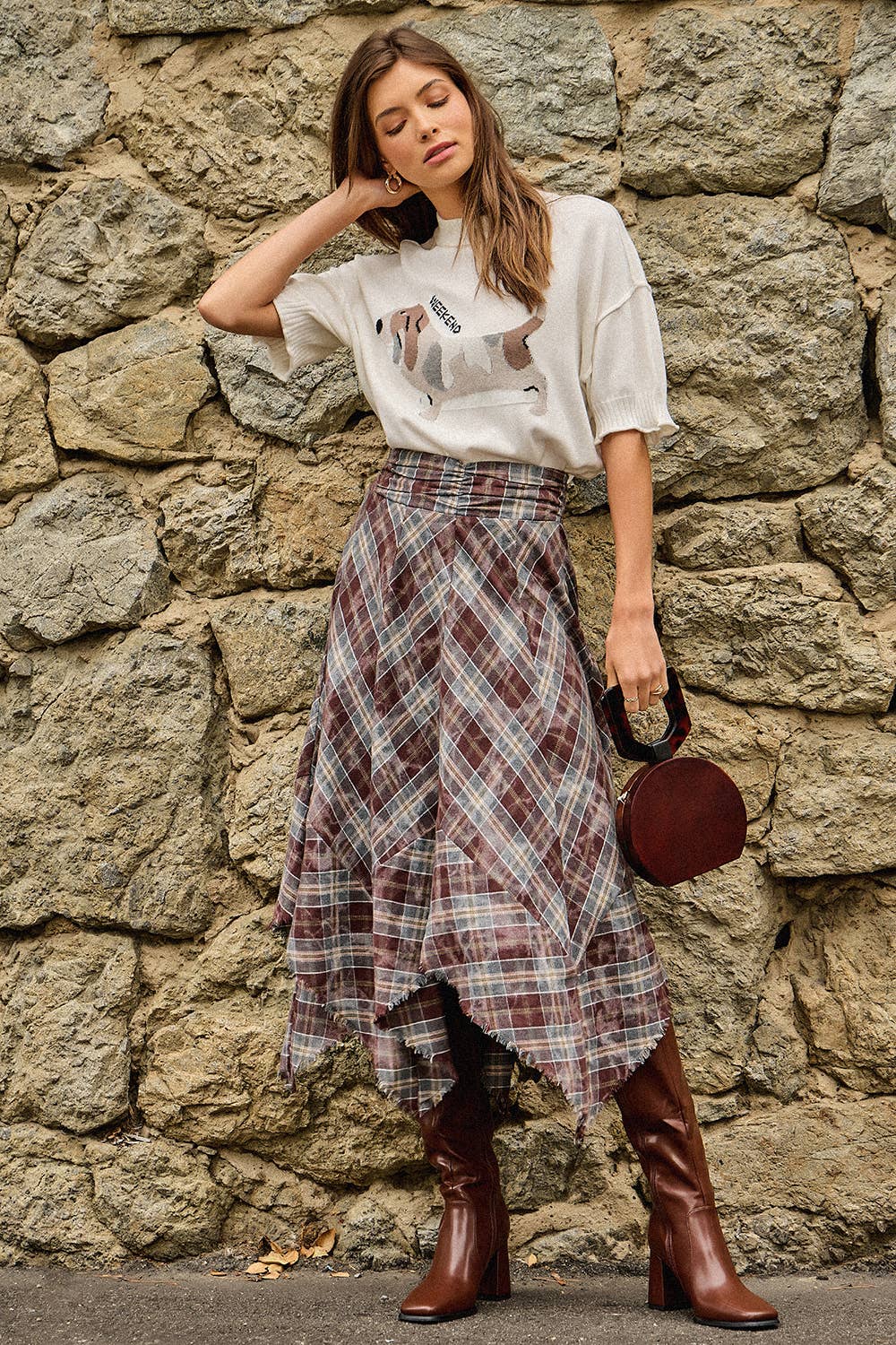 Asymmetrical Frayed Plaid Skirt in Wine/Teal (REG)