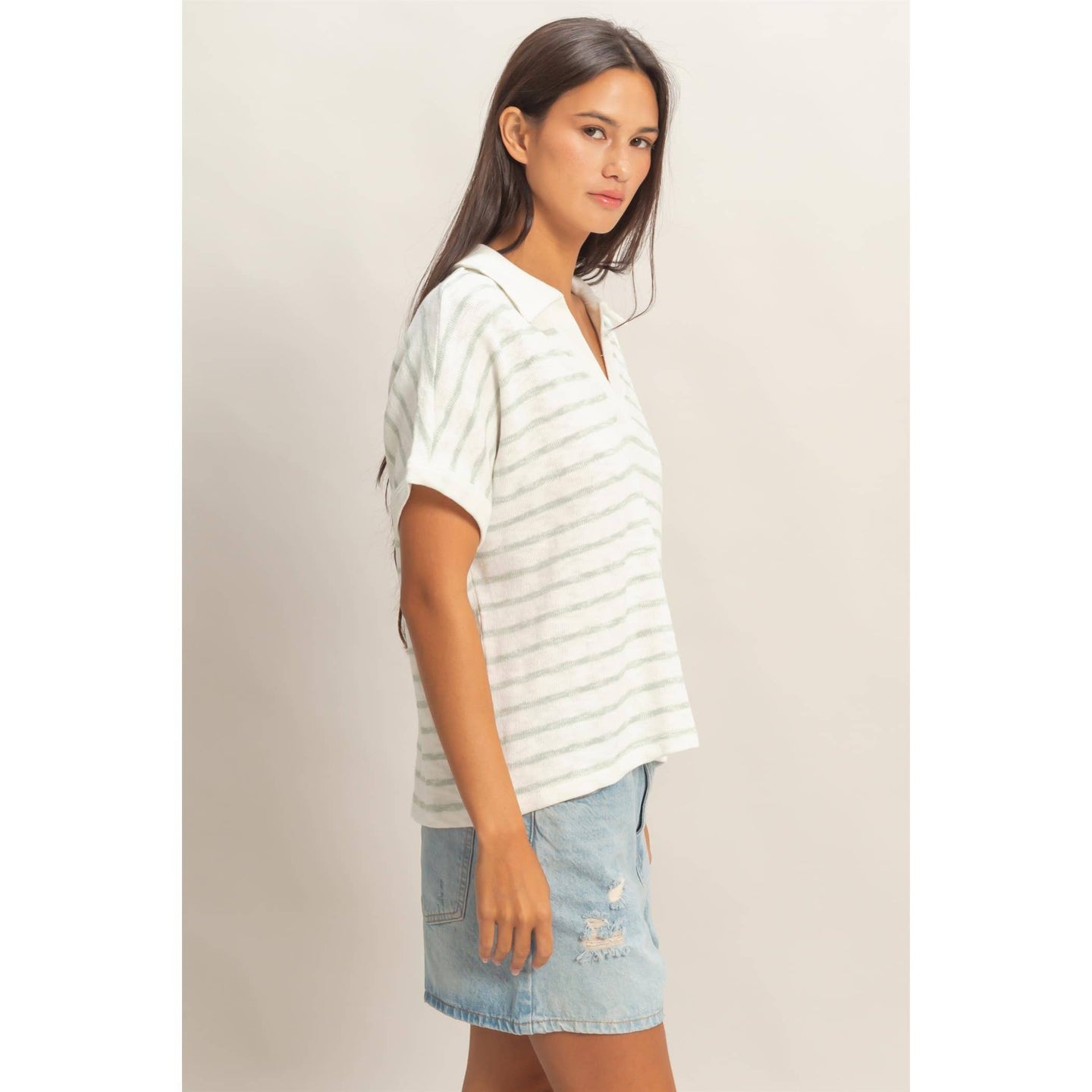 Striped Collar V-Neck Top in Green (REG)
