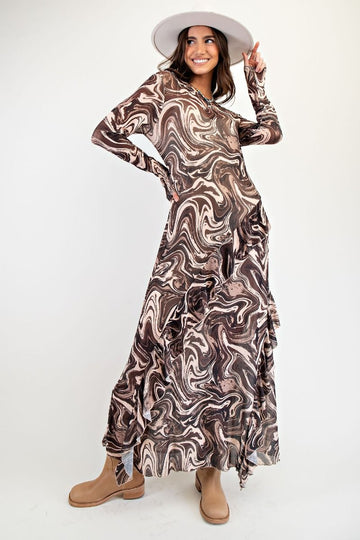 Swirling Marble Maxi Dress in Brown Truffle (REG)