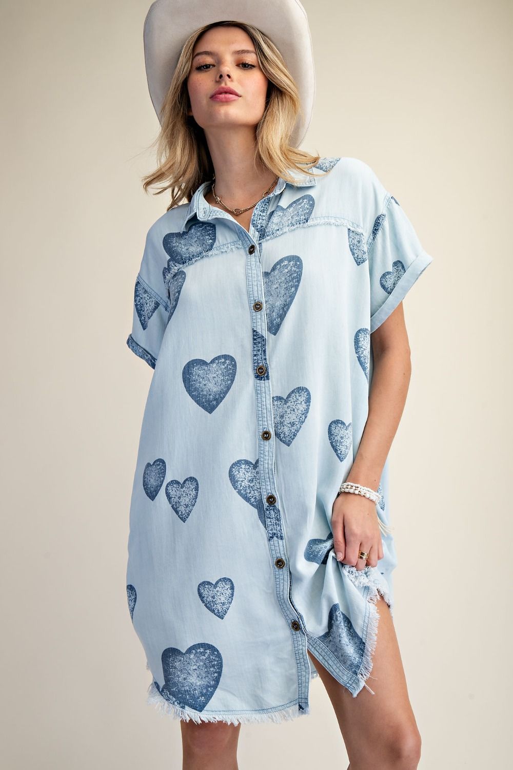 Heart Print Denim Shirt Dress (REG)