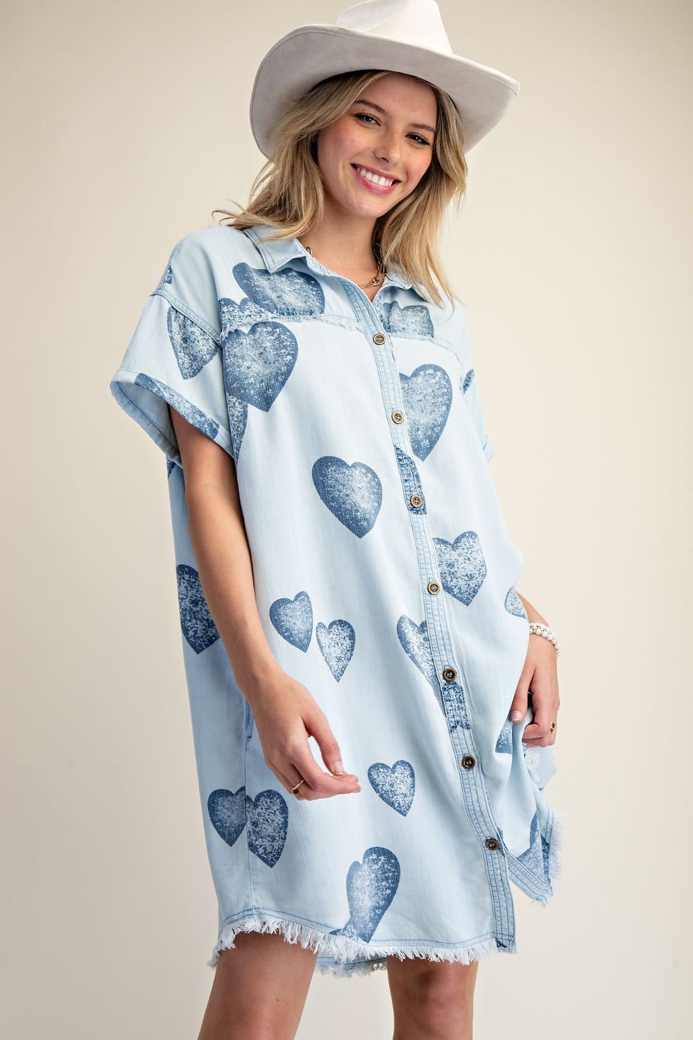 Heart Print Denim Shirt Dress (REG)