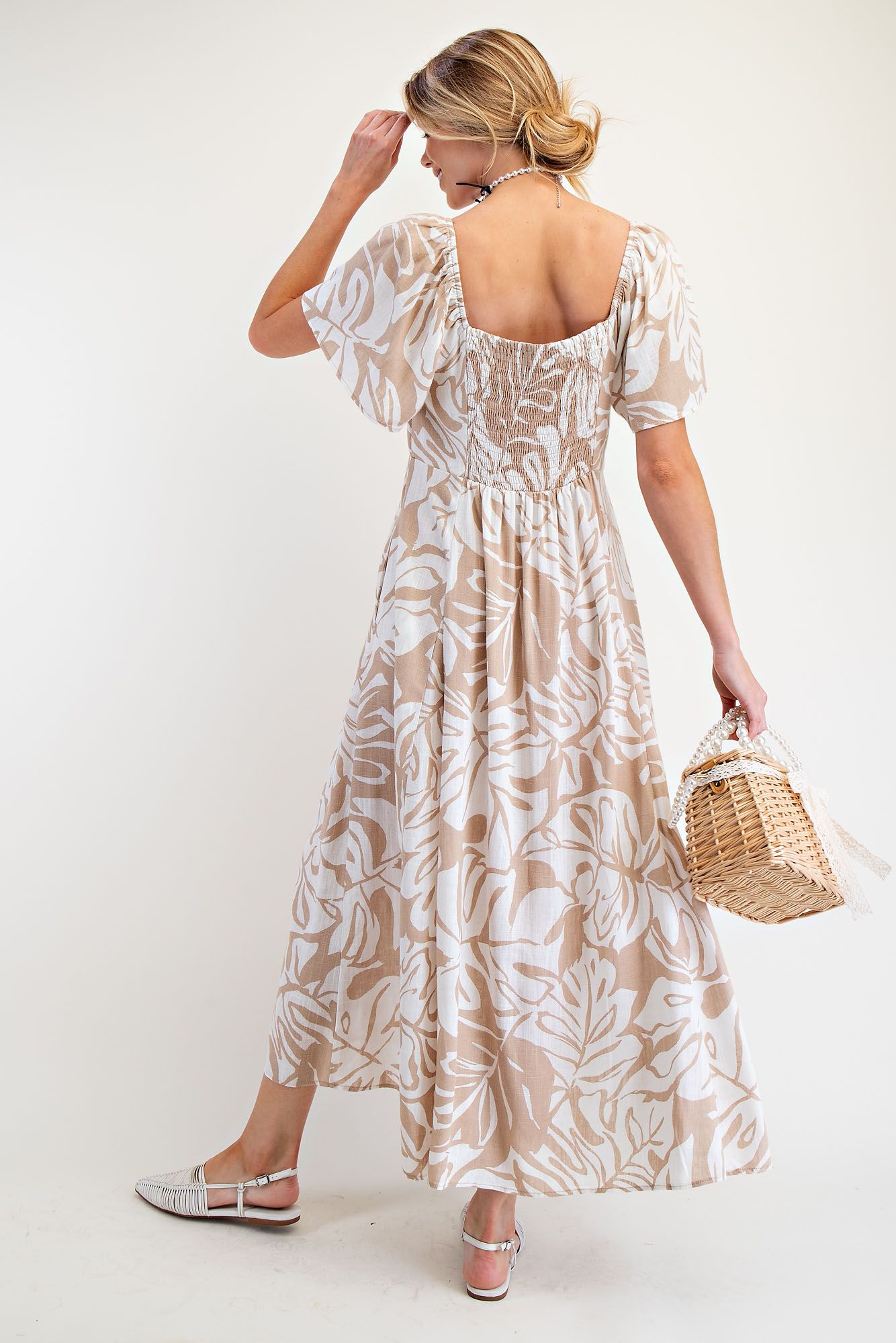 Leaf Printed Linen Maxi Dress in Khaki (REG)