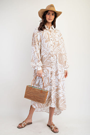 Leaf Print Button Down Dress in Khaki (REG)