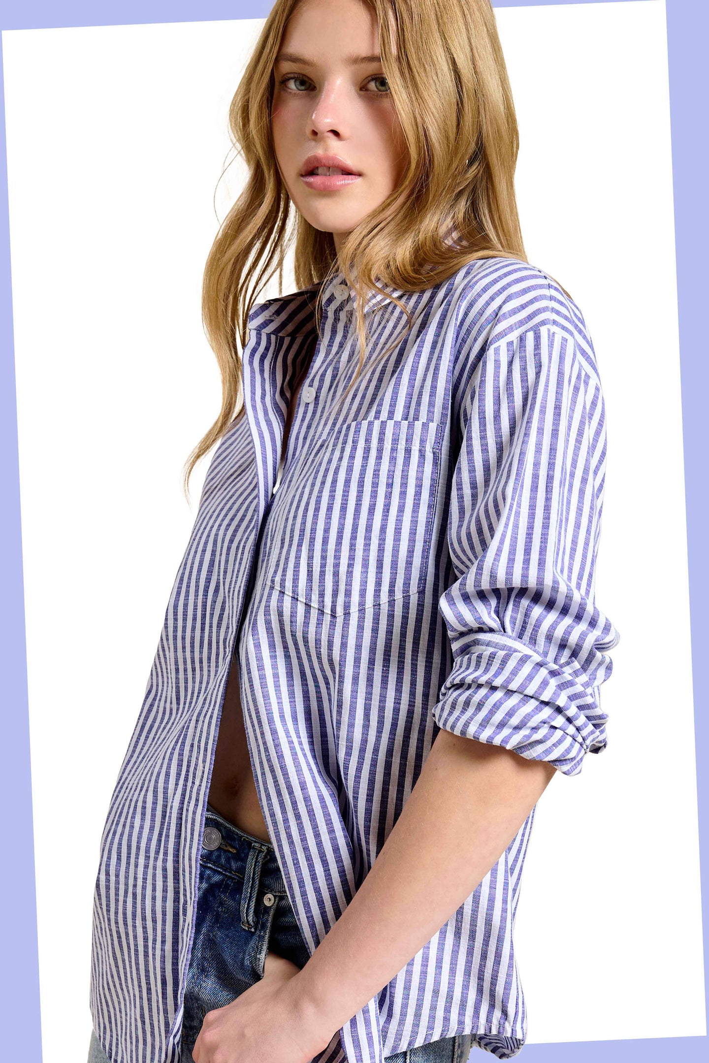 Collared Stripe Button Down Top in Denim (REG)