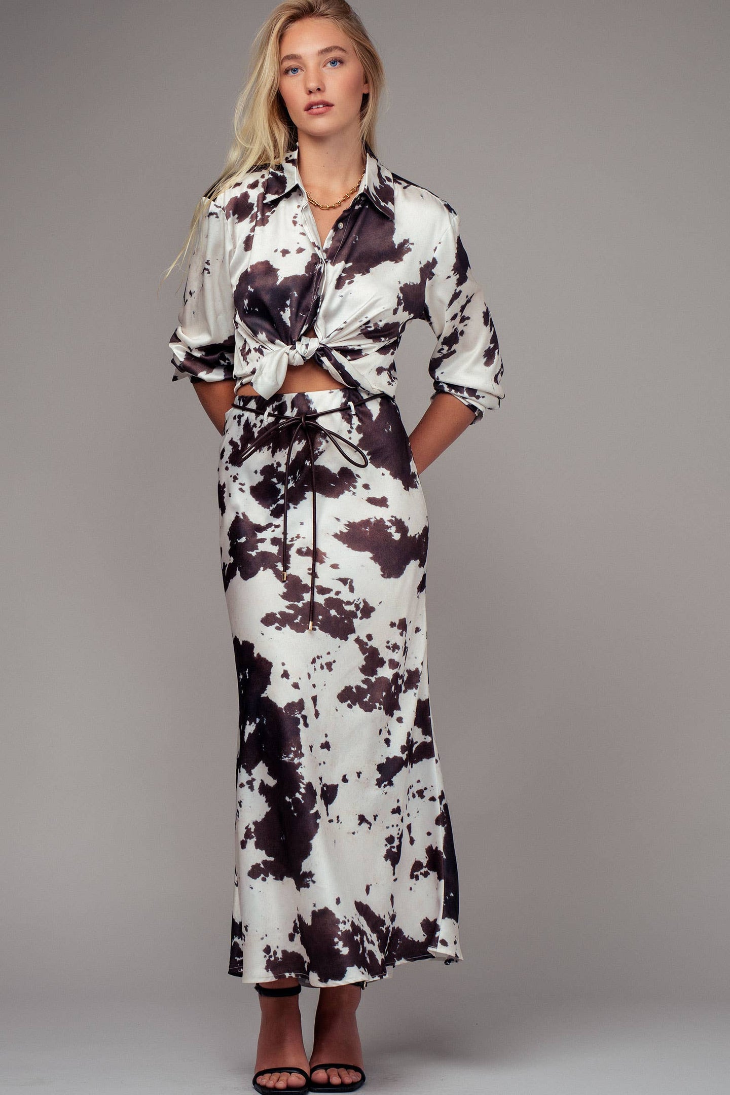 Cow Print Satin Midi Skirt (REG)