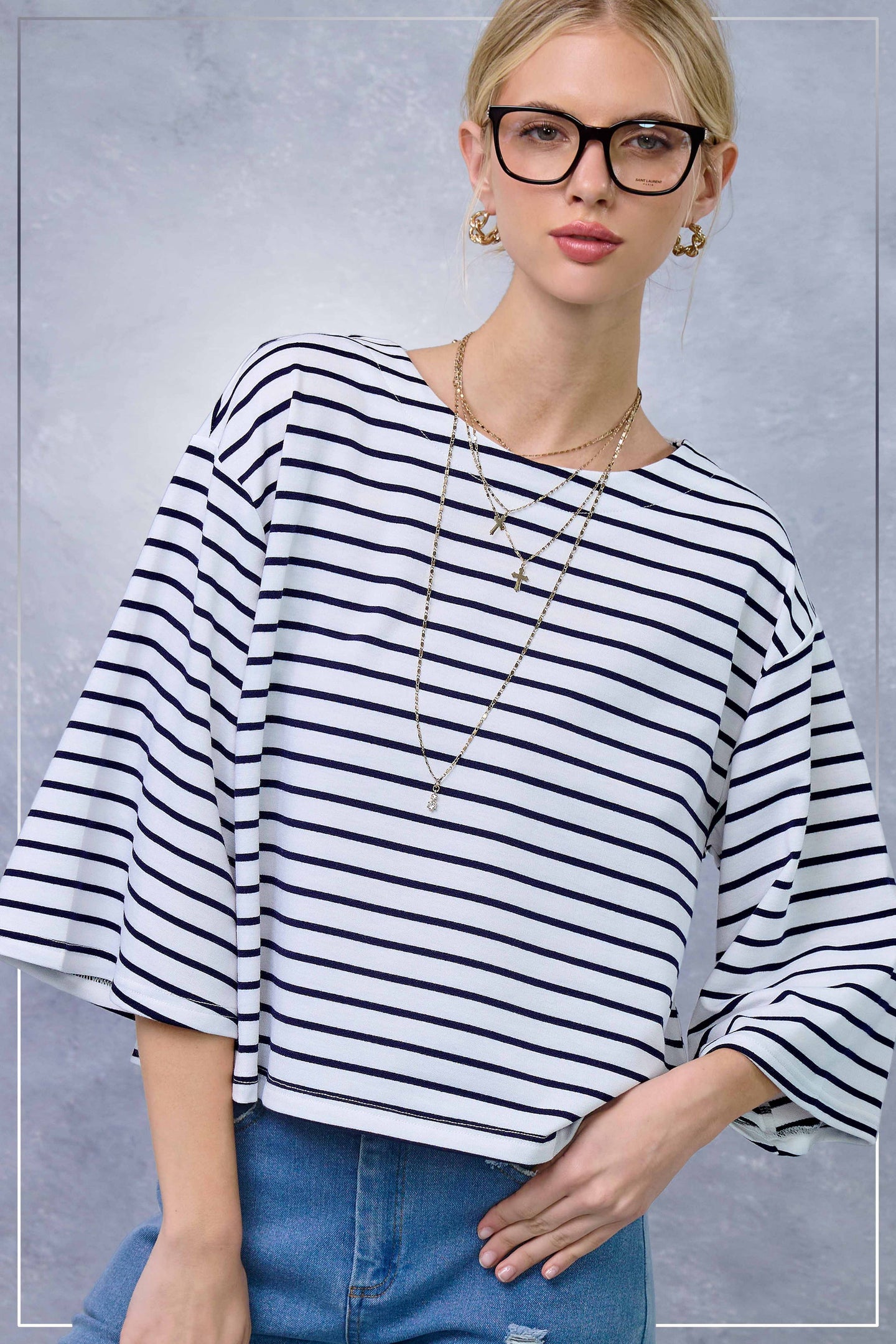 Striped Semi Crop Top in White/Navy (REG)