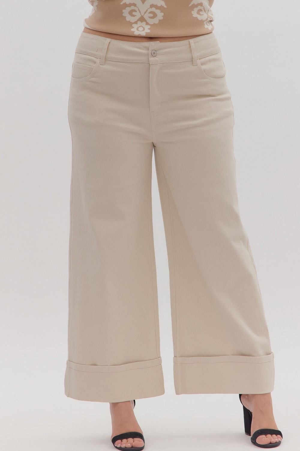 Cuffed Wide Leg Pants in Sand (REG/PLUS)