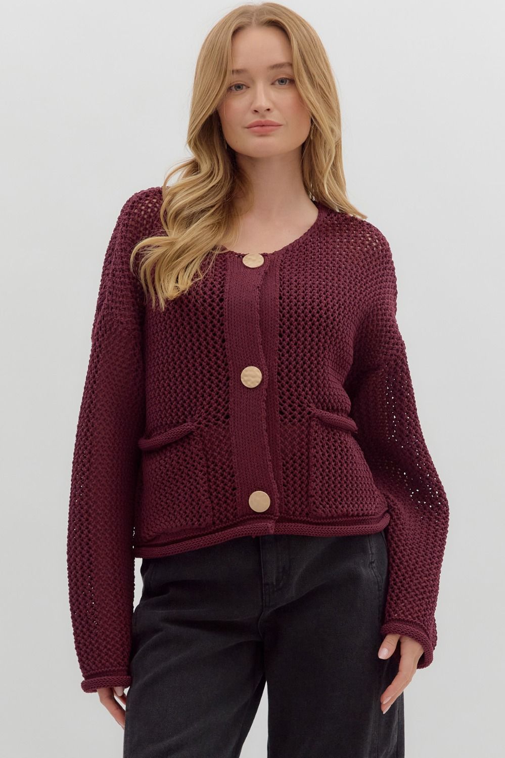 Big Button Cardigan in Wine (REG)