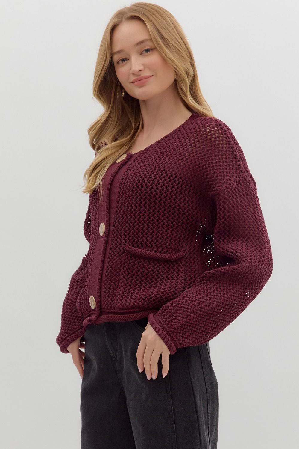 Big Button Cardigan in Wine (REG)