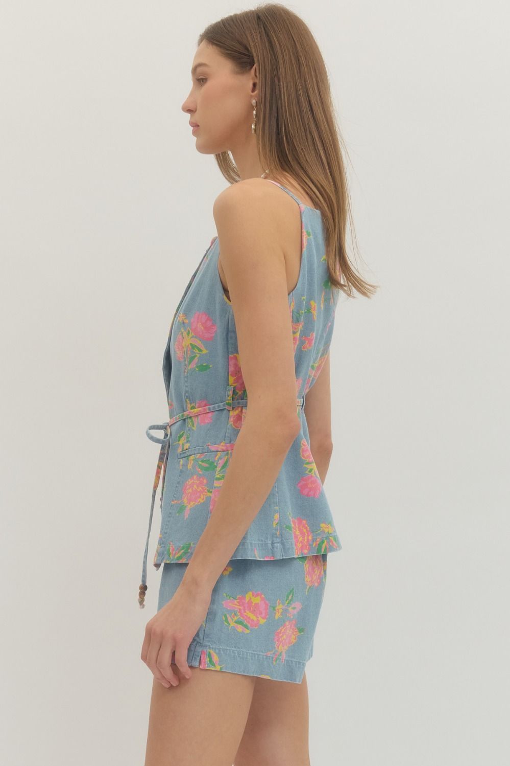 Self Tie Denim Floral Top