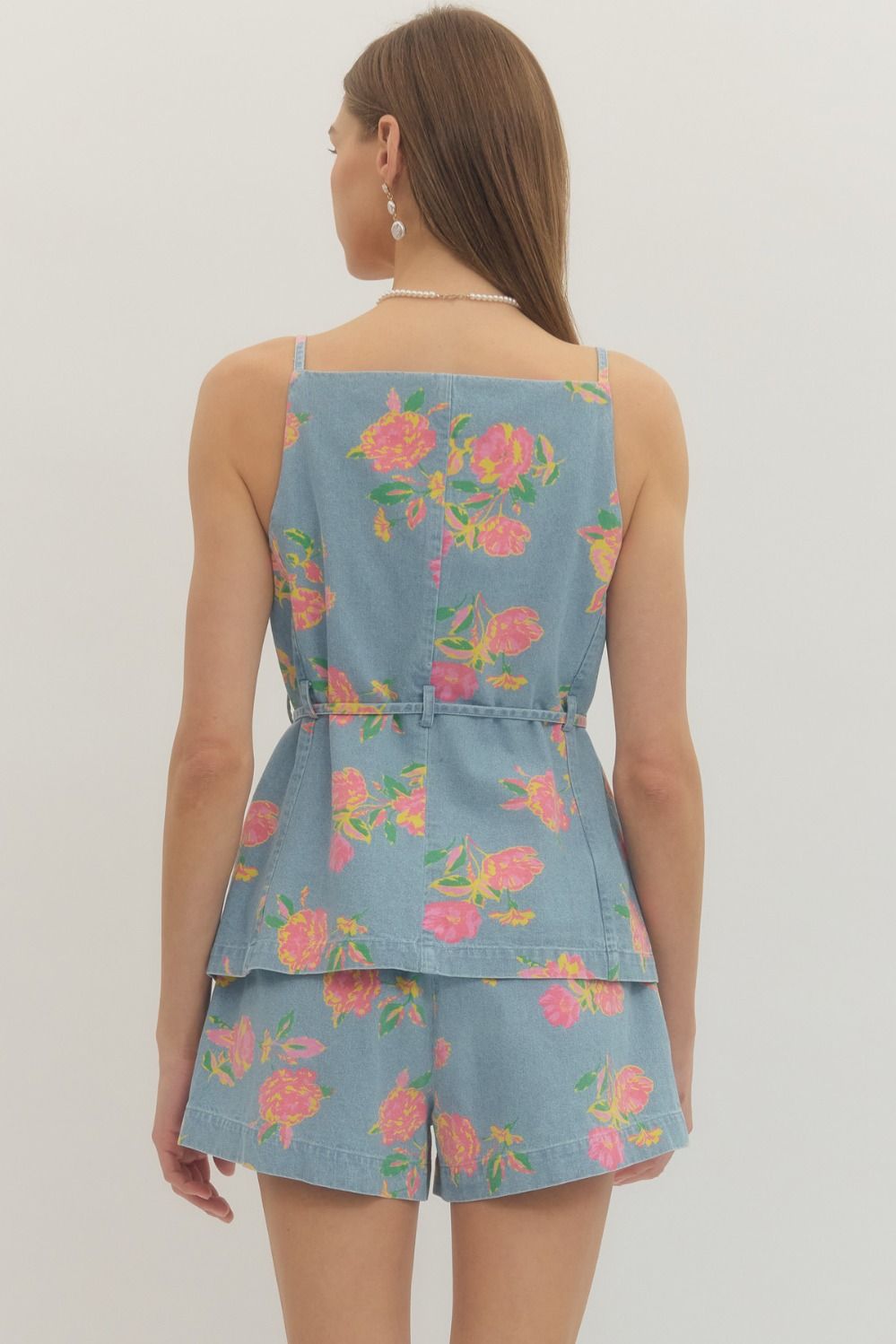 Self Tie Denim Floral Top