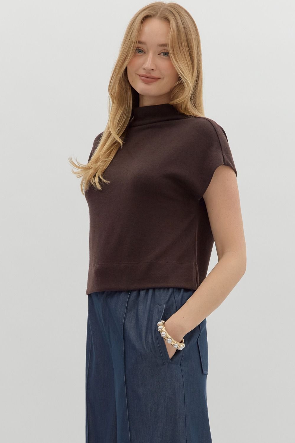Solid Mock Neck Top in Brown (REG)