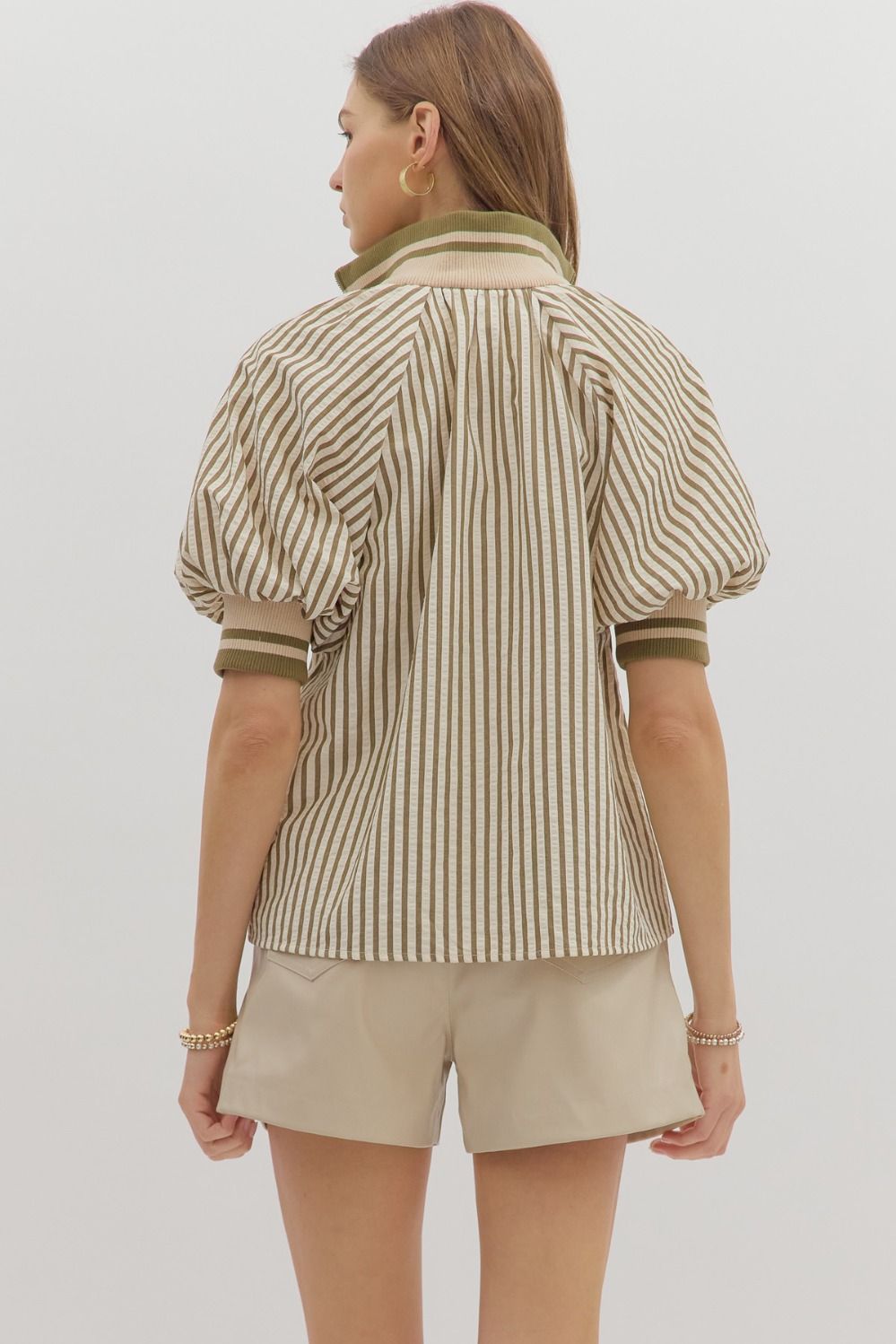 Half Zip Puff Sleeve Top in Olive (REG/PLUS)