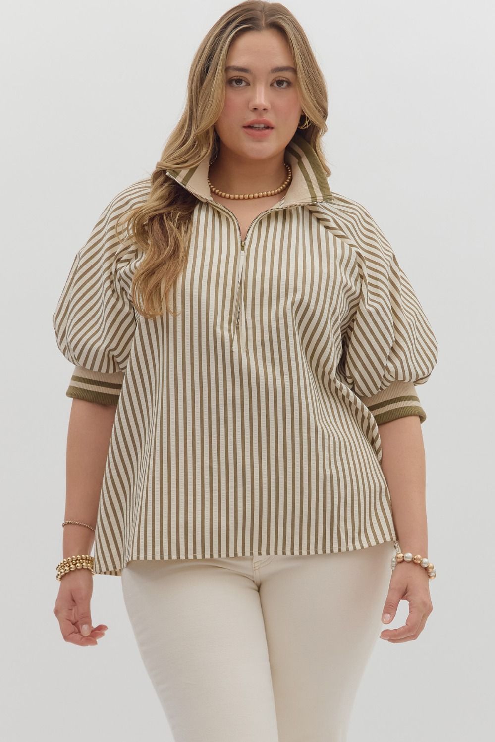 Half Zip Puff Sleeve Top in Olive (REG/PLUS)