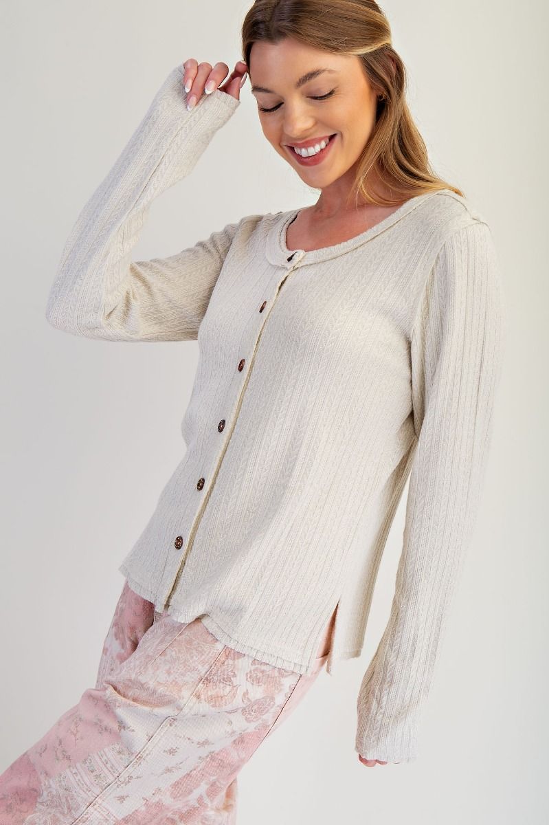 Cable Inspired Button Top in Oatmeal (REG)