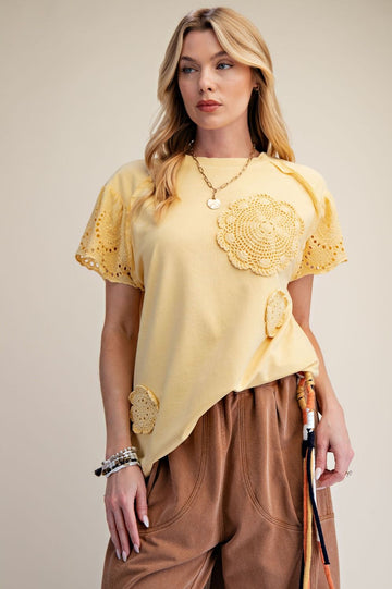 Floral Crochet Patch Top in Yellow (REG)