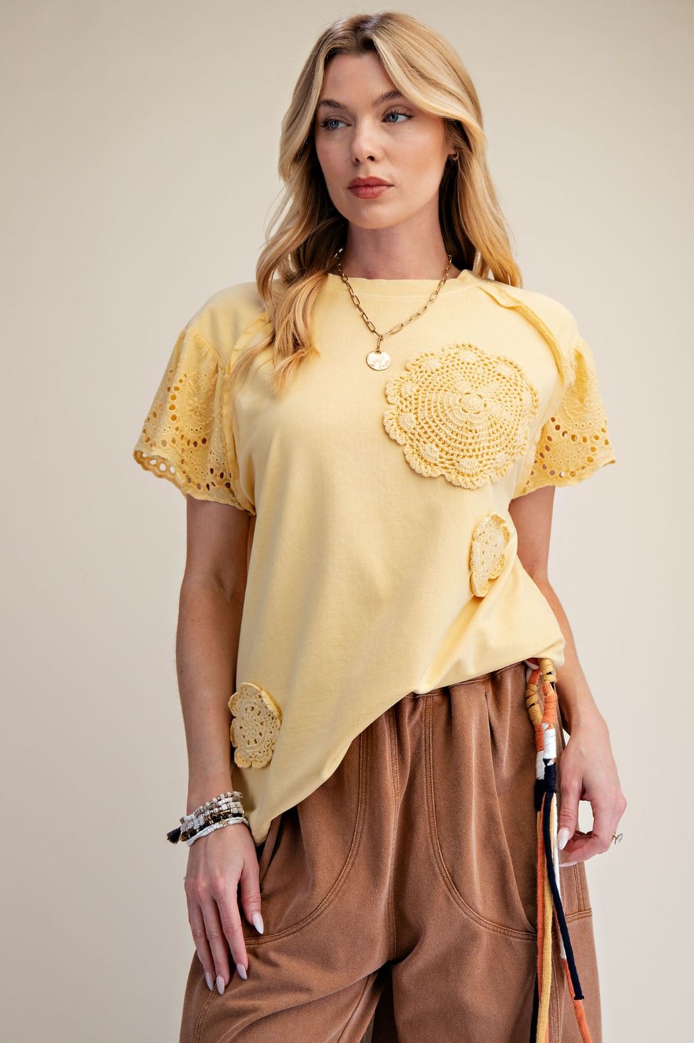 Floral Crochet Patch Top in Yellow (REG)