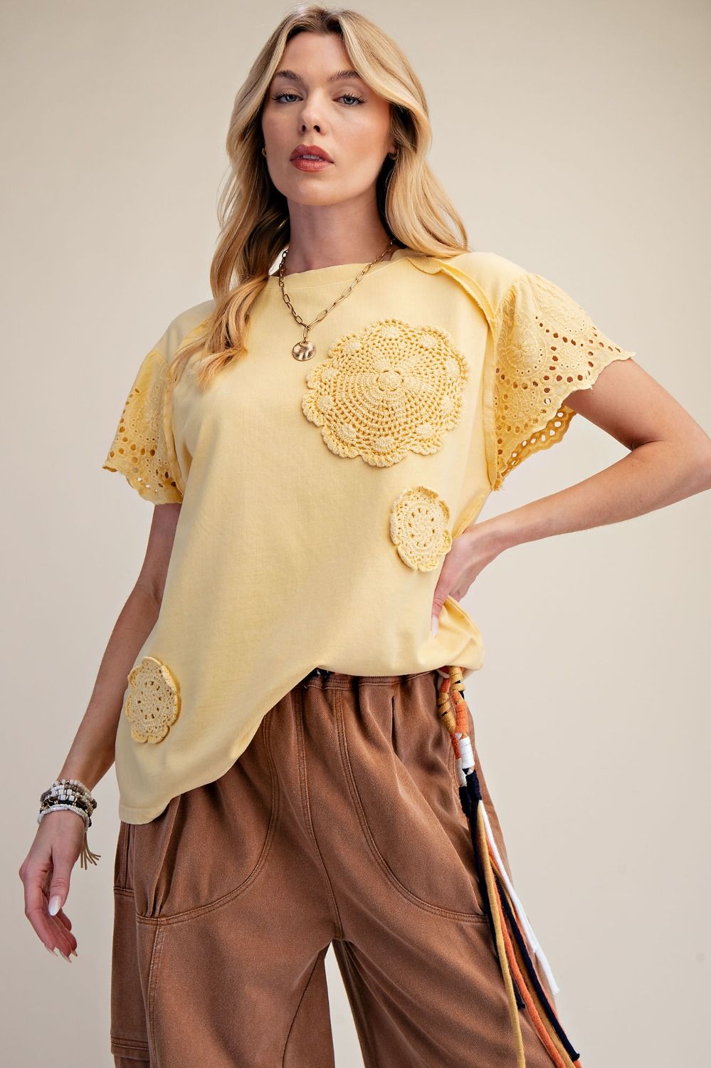 Floral Crochet Patch Top in Yellow (REG)