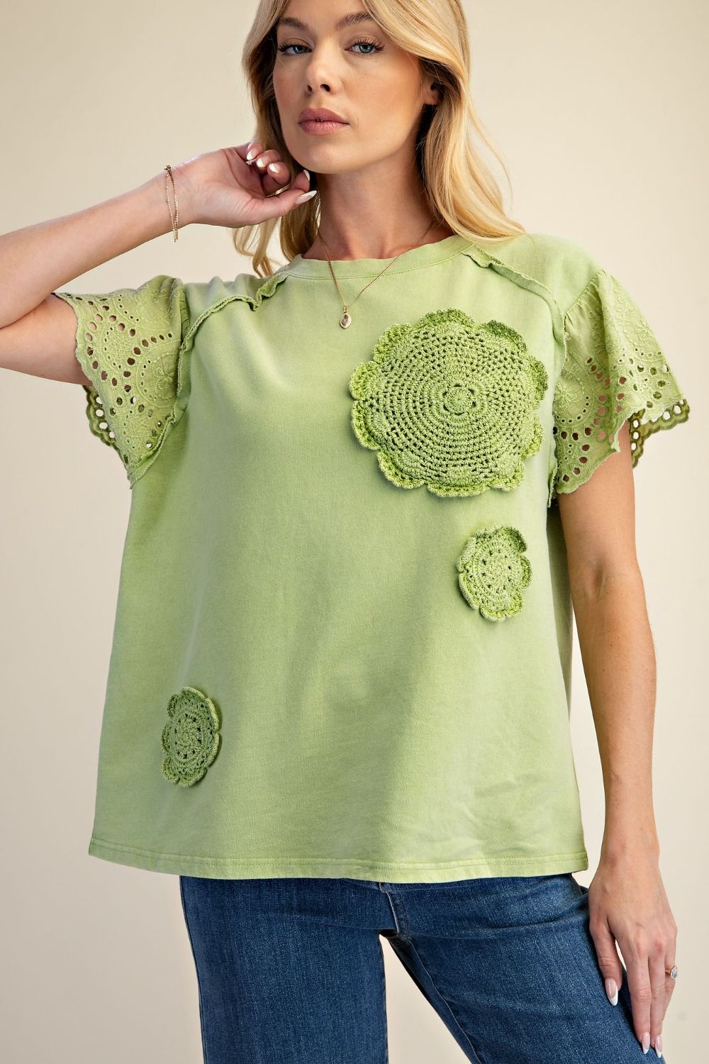 Floral Crochet Patch Top in Matcha (REG)