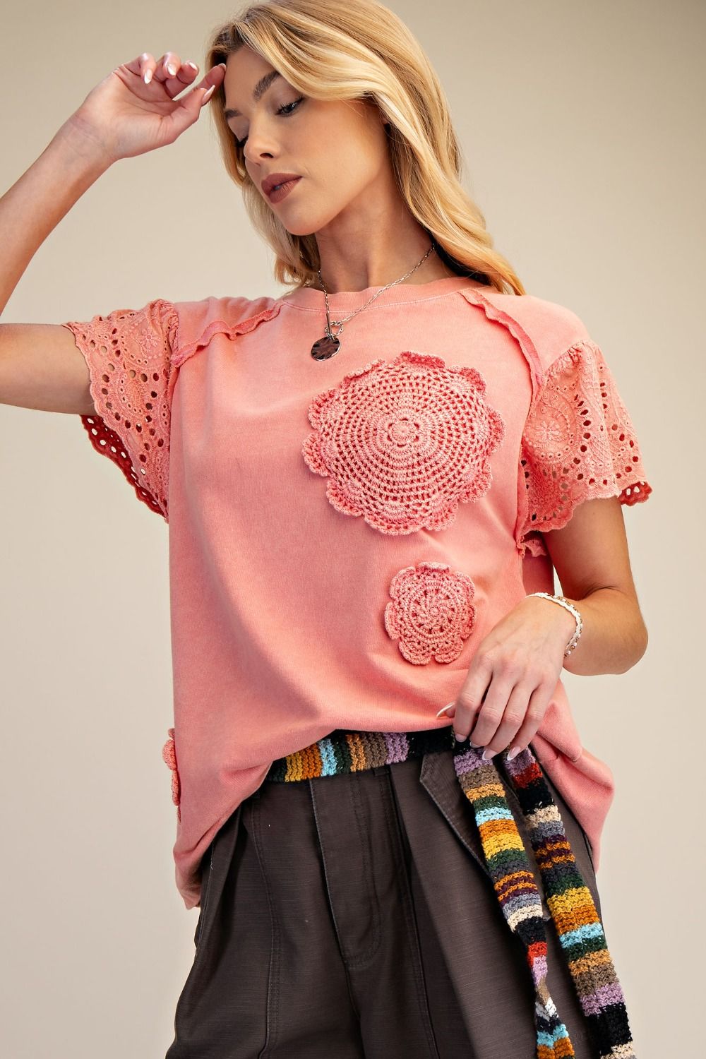 Floral Crochet Patch Top in Strawberry Pink (REG)