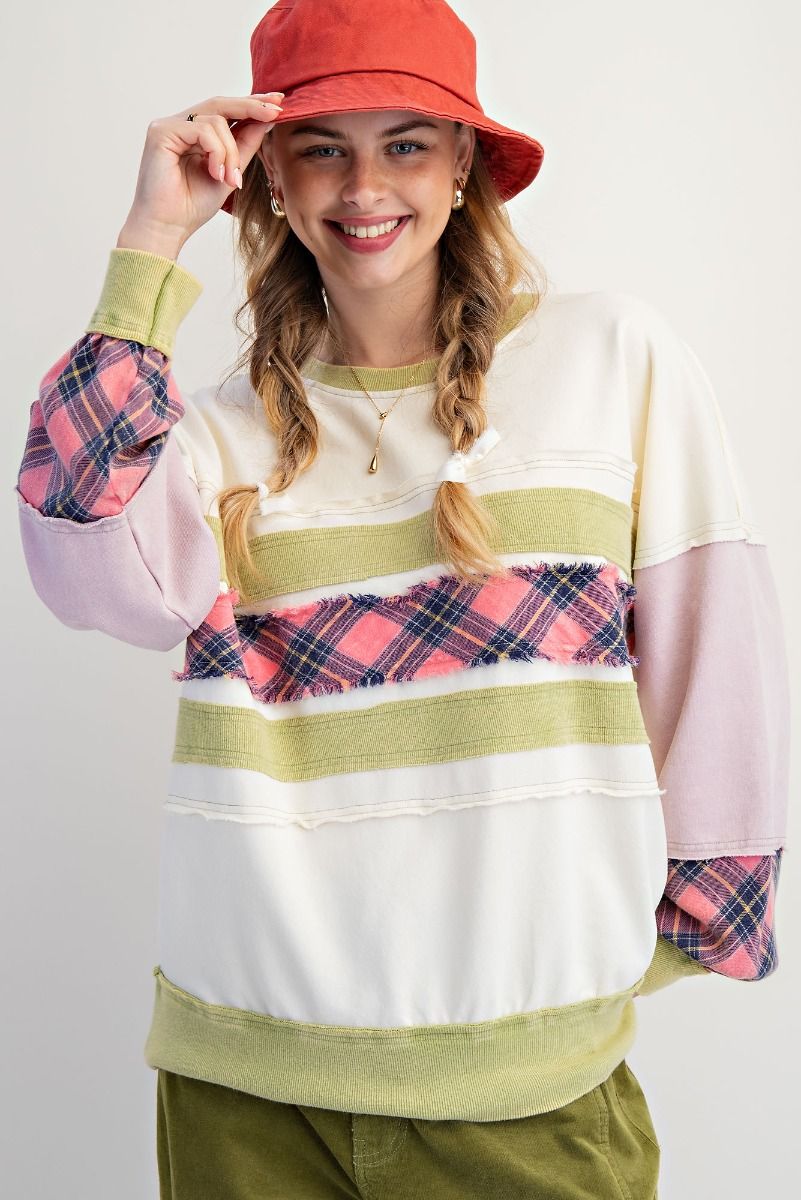 Plaid Panel Terry Sweatshirt in Cream (REG)