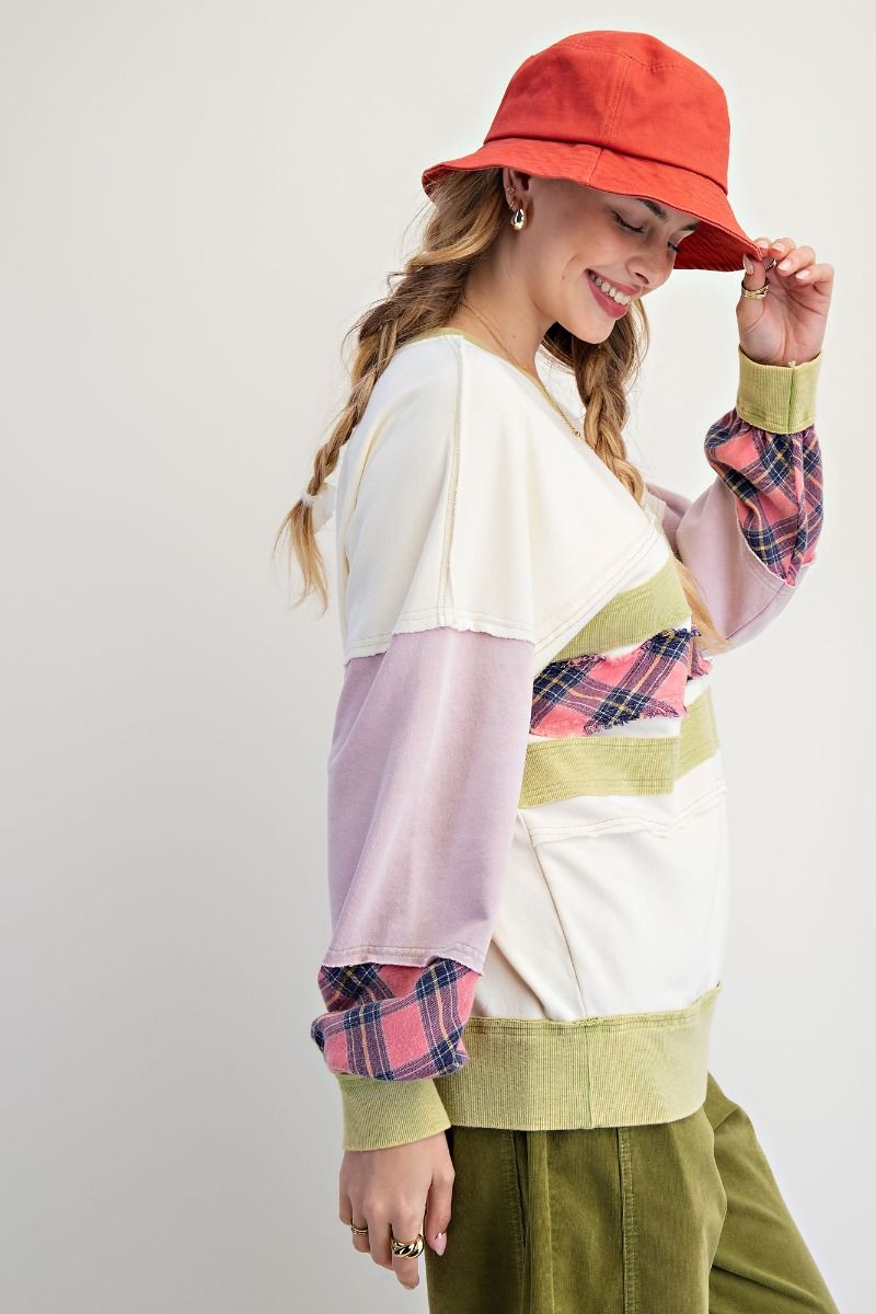 Plaid Panel Terry Sweatshirt in Cream (REG)