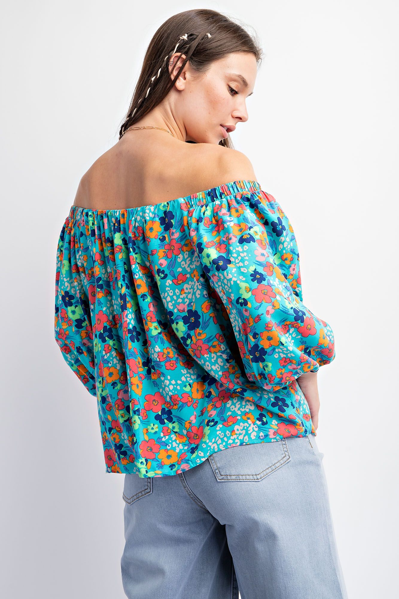 Floral Challis Top in Aqua (REG)