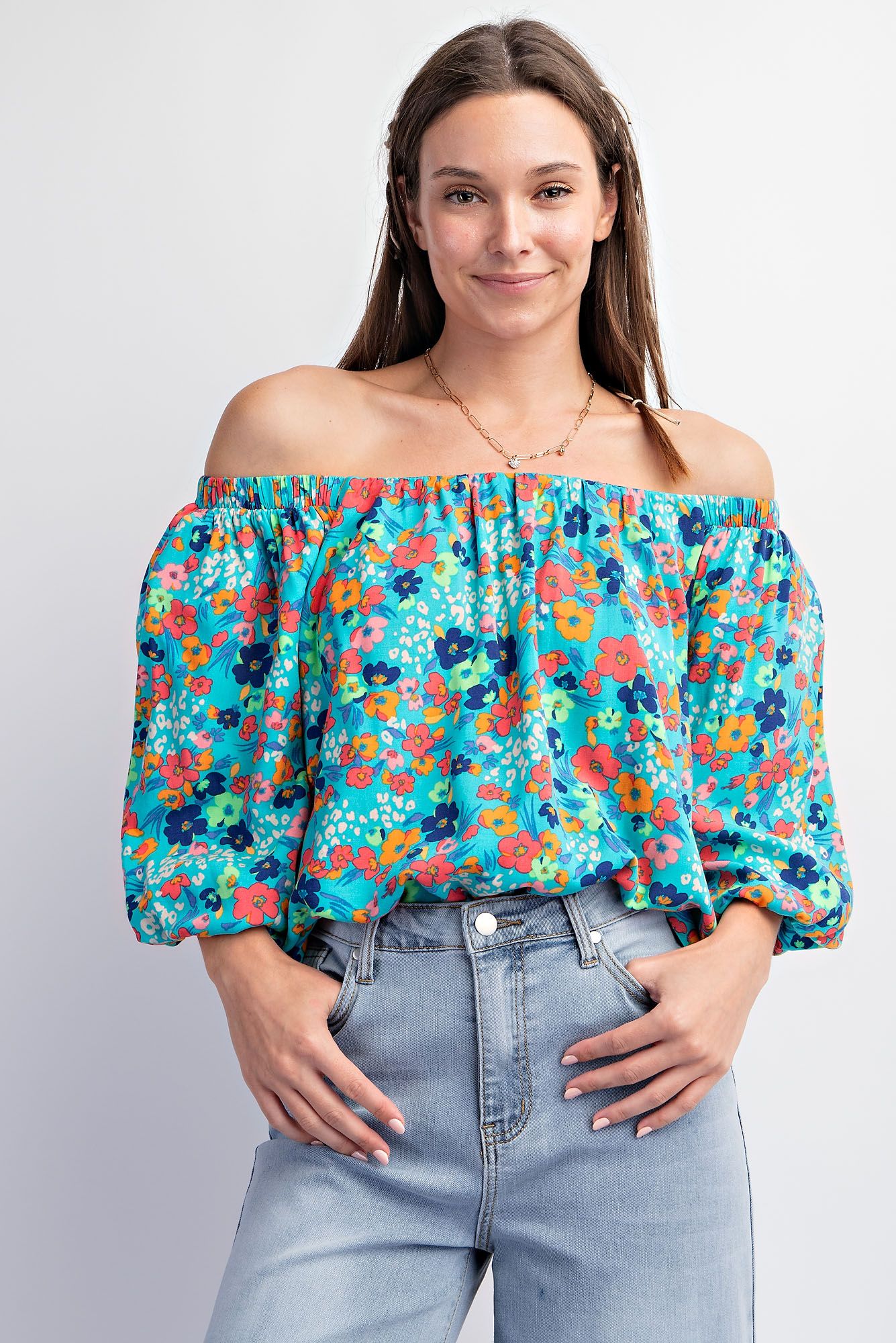 Floral Challis Top in Aqua (REG)