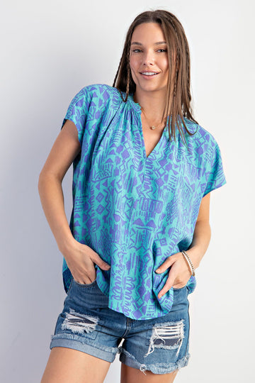 Tribal Pattern Top in Aqua (PLUS)