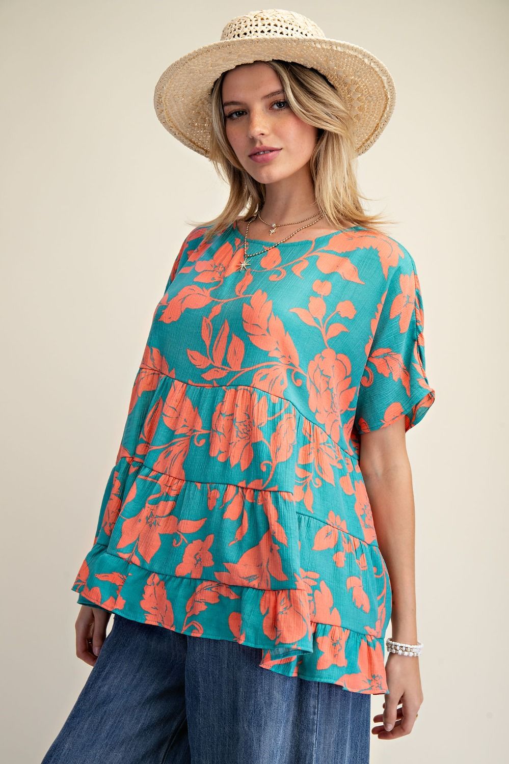 Blossom Tiered Tunic Top in Atlantis Green (REG)