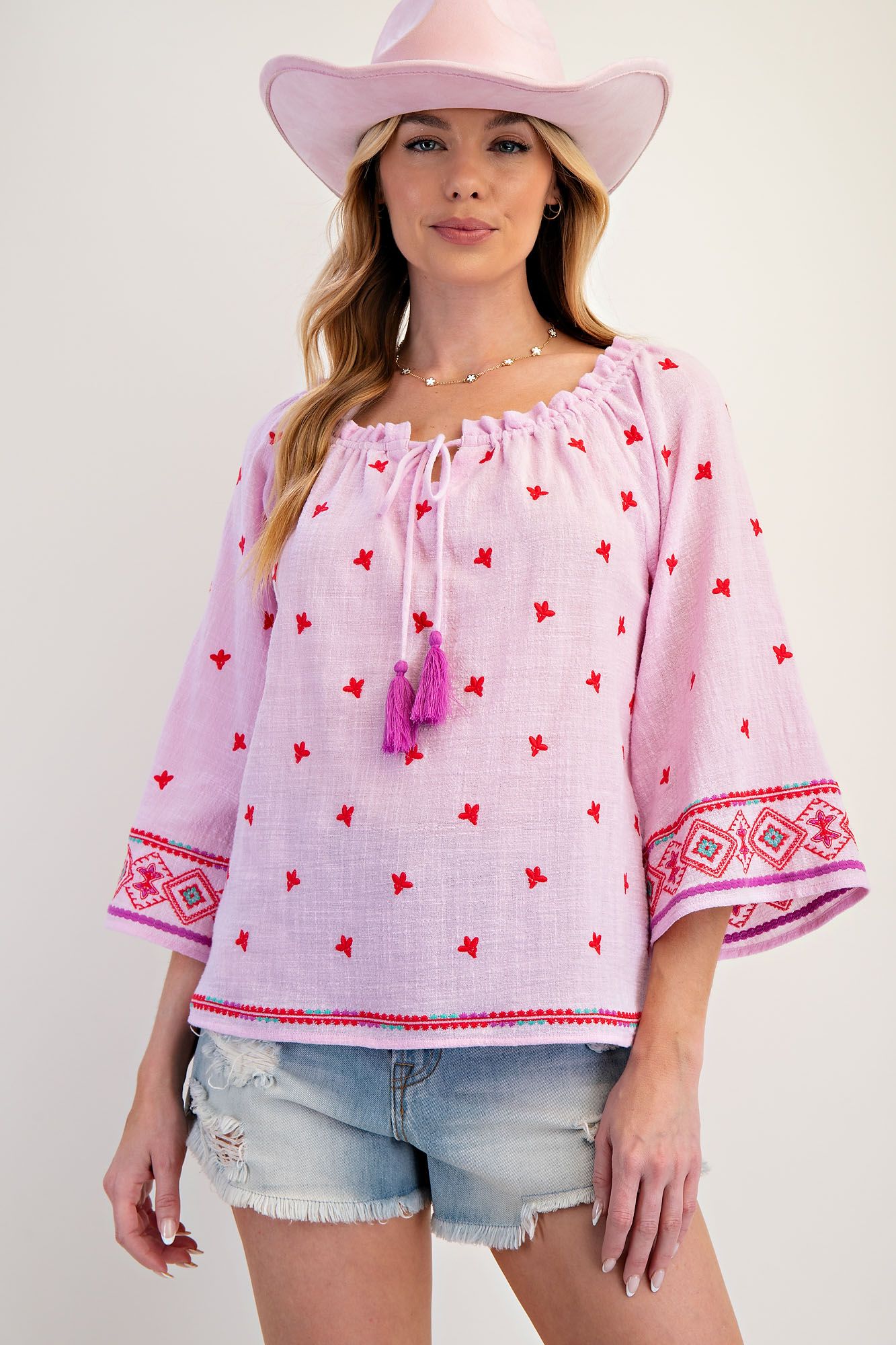 Embroidered Aztec Gauze Top in Pink (REG)
