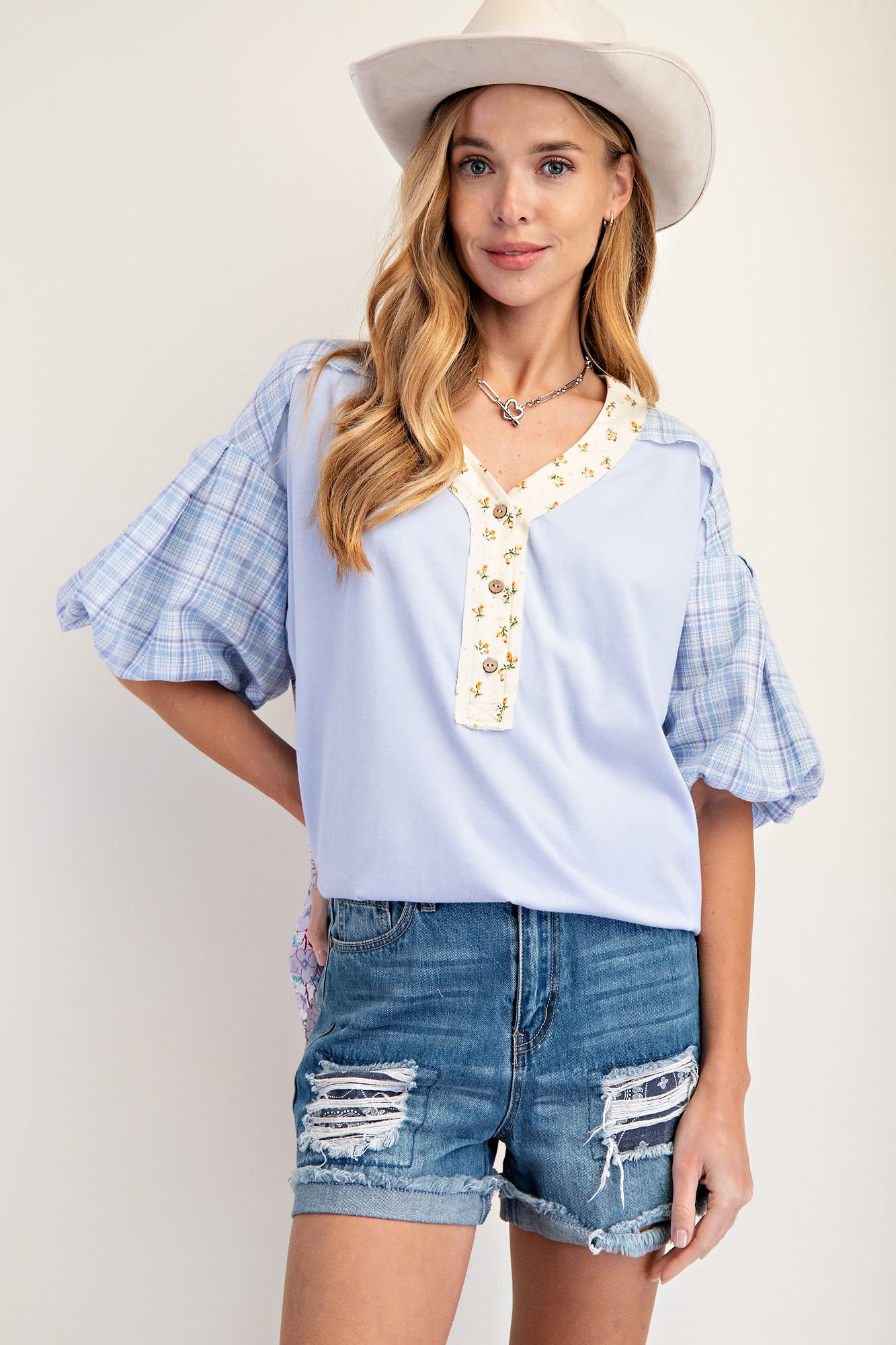 Fancy and Floral Henley Top in Peri Blue (REG)