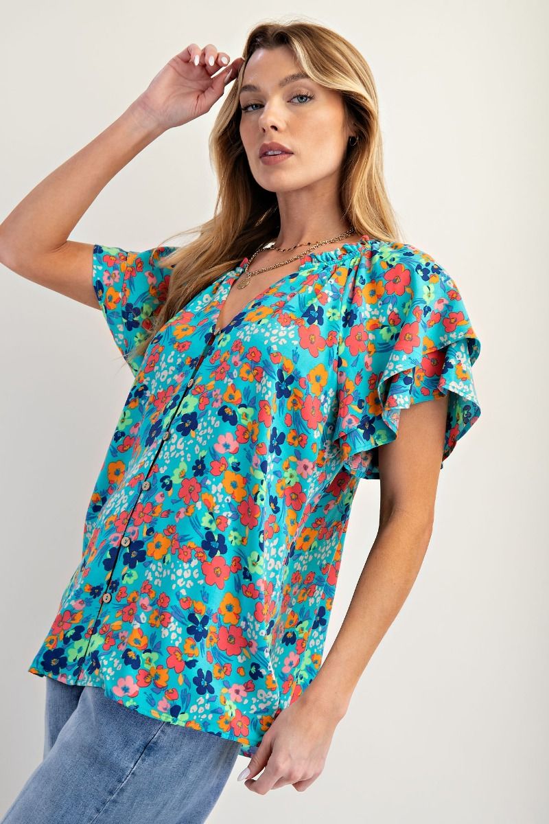 Button Down Blossom Top in Aqua (REG)