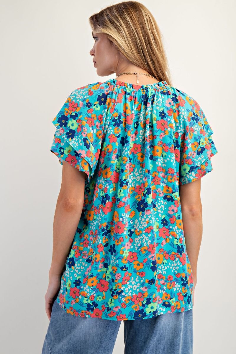 Button Down Blossom Top in Aqua (REG)