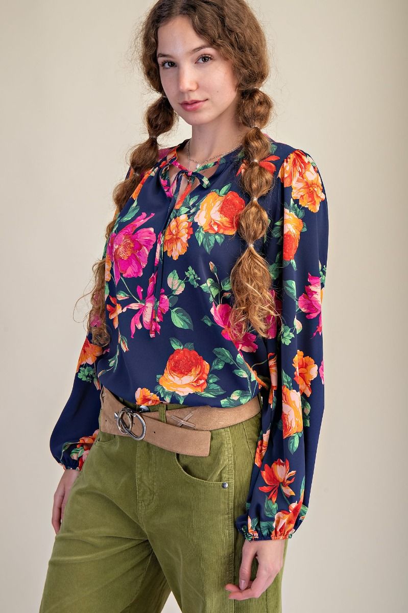 Sophia Floral Tie Top in Navy (REG)