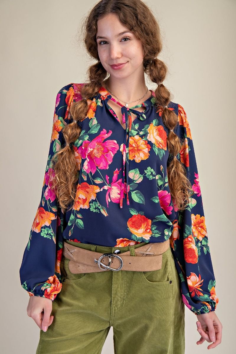 Sophia Floral Tie Top in Navy (REG)