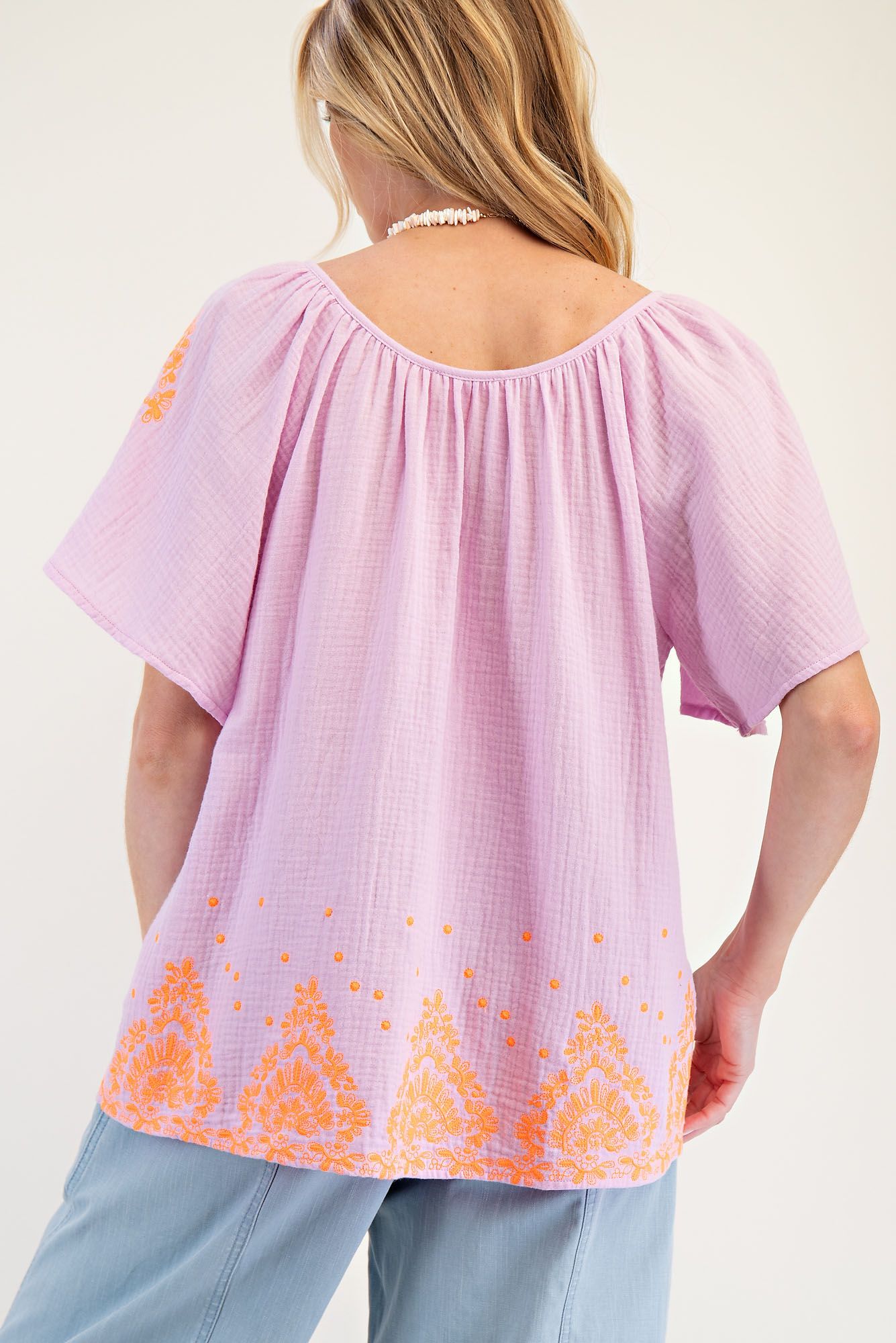 Embroidered Gauze Tassel Top in Lilac (REG)