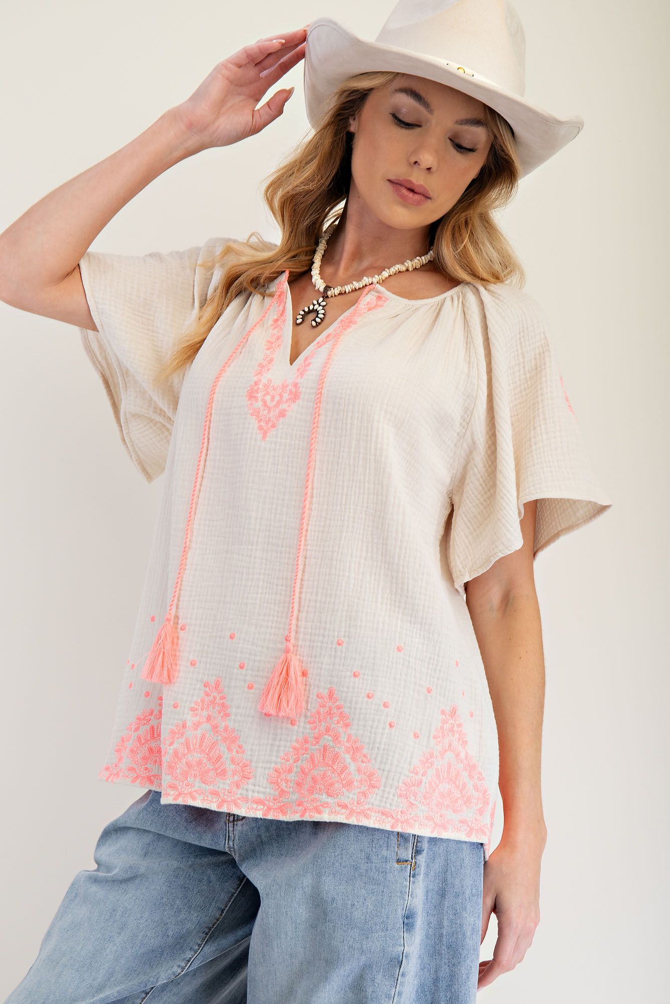 Embroidered Gauze Tassel Top in Off White (REG)