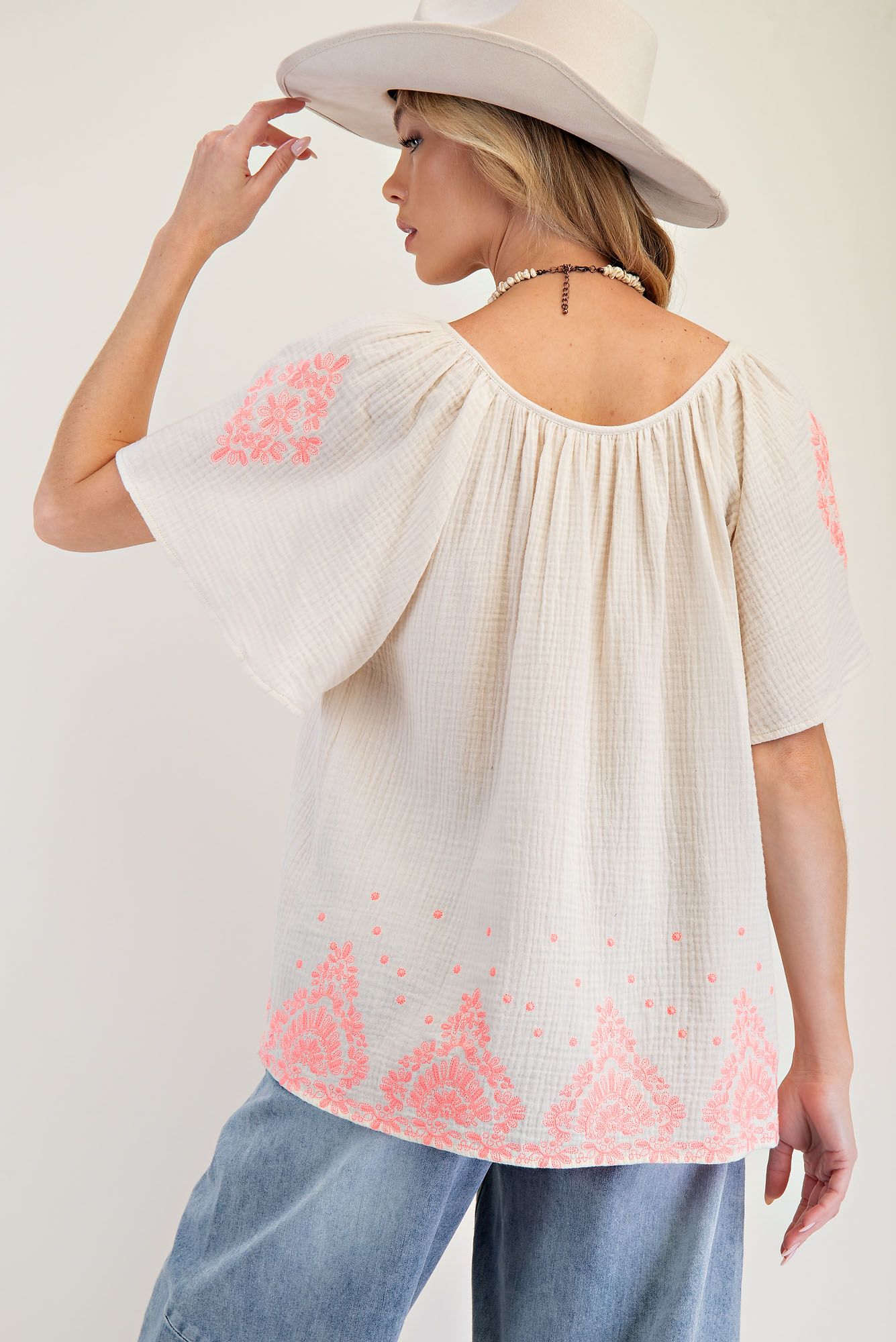 Embroidered Gauze Tassel Top in Off White (REG)