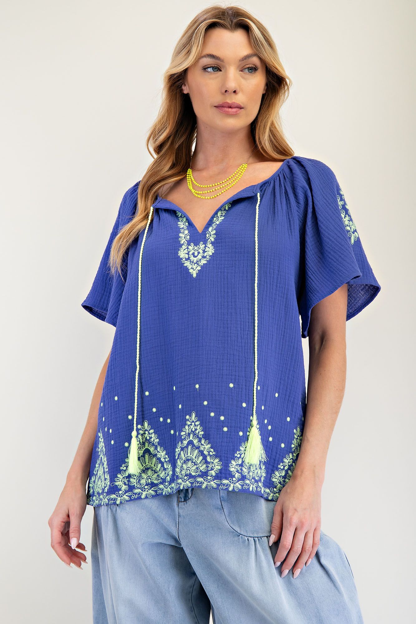 Embroidered Gauze Tassel Top in Paris Blue (REG)