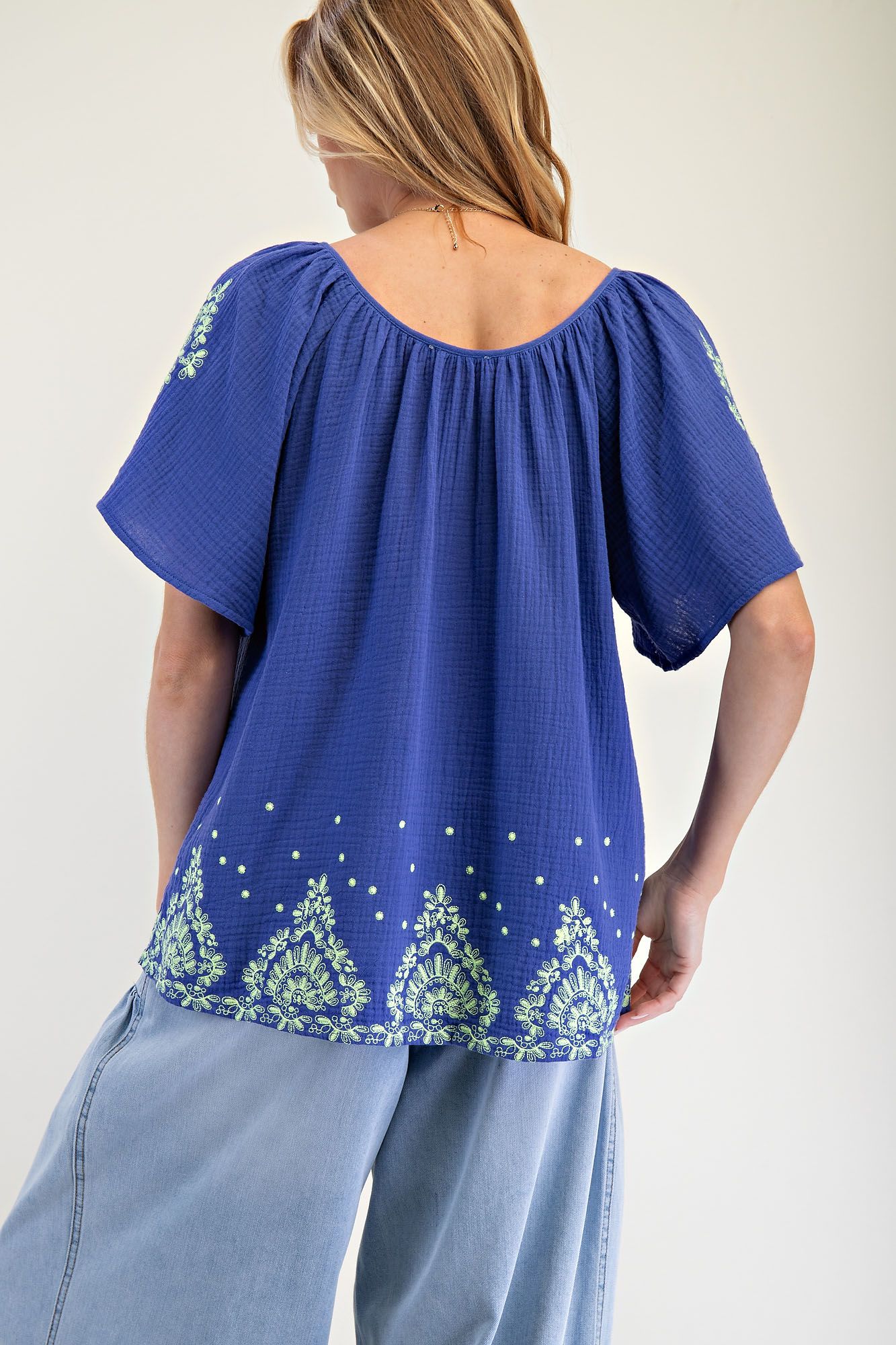 Embroidered Gauze Tassel Top in Paris Blue (REG)