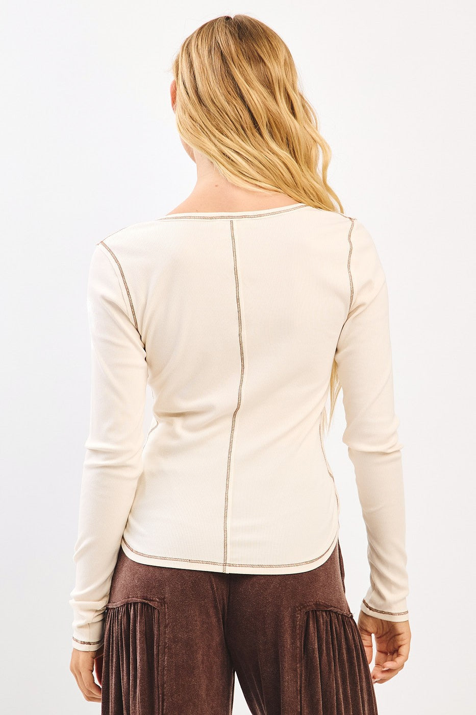 Contrast Stitch Long Sleeve Top in Cream (REG)