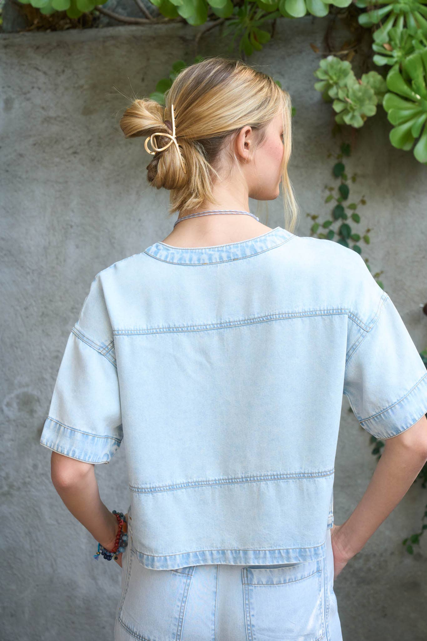 Washed Denim Split Neck Top (REG)